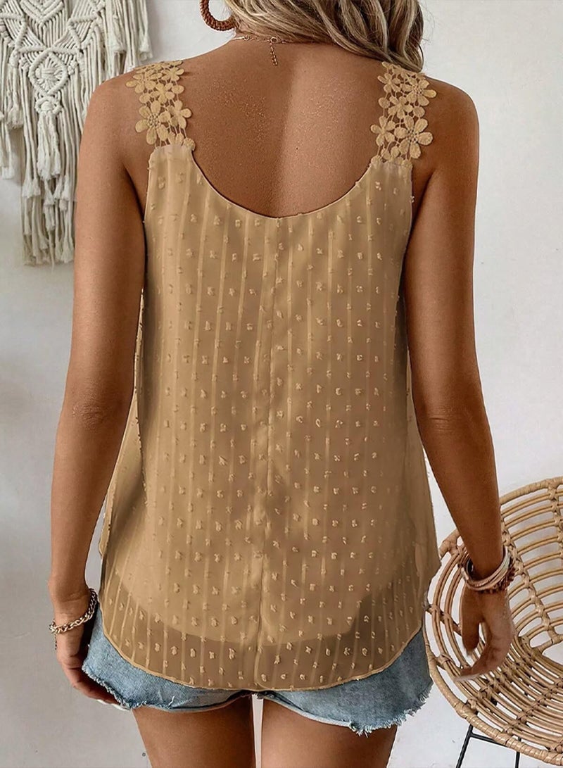 Falechay Mocha Tank Top for Women Trendy Summer Crew Neck Shirts Short Fashion 2026 Tunic Tops Spring Flowy Babydoll Lace Tassel Swiss Dot Bohemian Camis Country Clothing M - Image 3