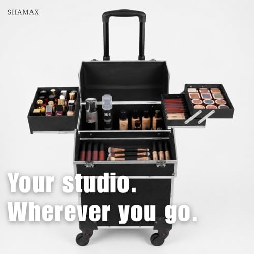 SHAMAX® Professional Rolling Makeup Case, Cosmetic Organizer Trolley, MUA & Salon Artist Storage Vanity Locks - Trolley for Hairdressers, Salons, Beauty Lovers - 360° Universal Wheels (3599/BS) - Image 5
