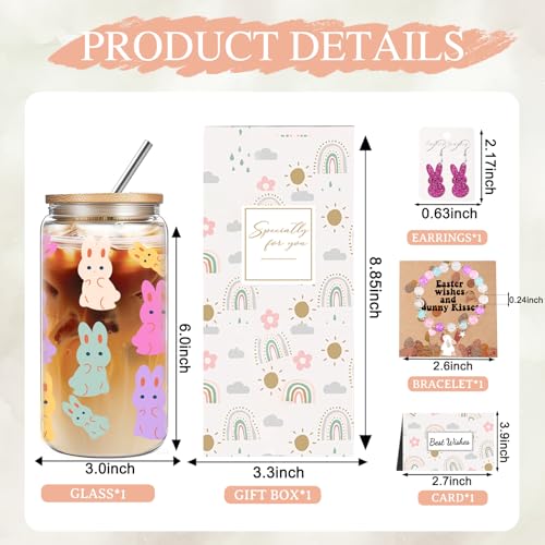 DHQH Easter Birthday Gifts Set, Easter Bracelet Earrings Basket Stuffers for Teens, Bunny Christmas Gifts for Women, Cute 16oz lced GlassCup with Lid And Straw - Image 3