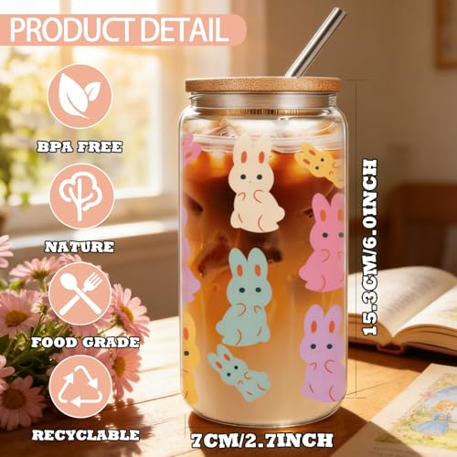 DHQH Easter Birthday Gifts Set, Easter Bracelet Earrings Basket Stuffers for Teens, Bunny Christmas Gifts for Women, Cute 16oz lced GlassCup with Lid And Straw - Image 2