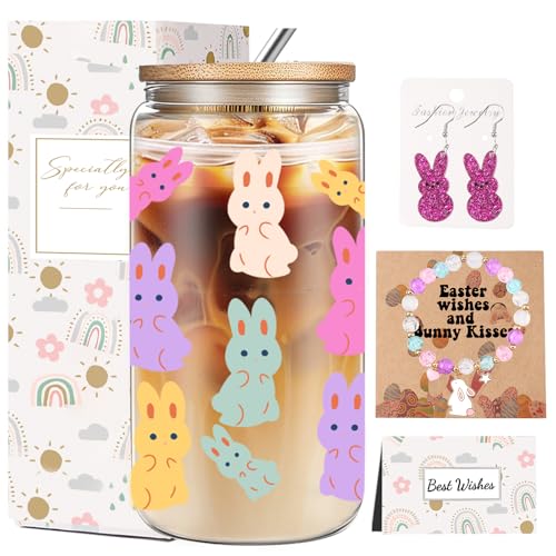 DHQH Easter Birthday Gifts Set, Easter Bracelet Earrings Basket Stuffers for Teens, Bunny Christmas Gifts for Women, Cute 16oz lced GlassCup with Lid And Straw - Image 1