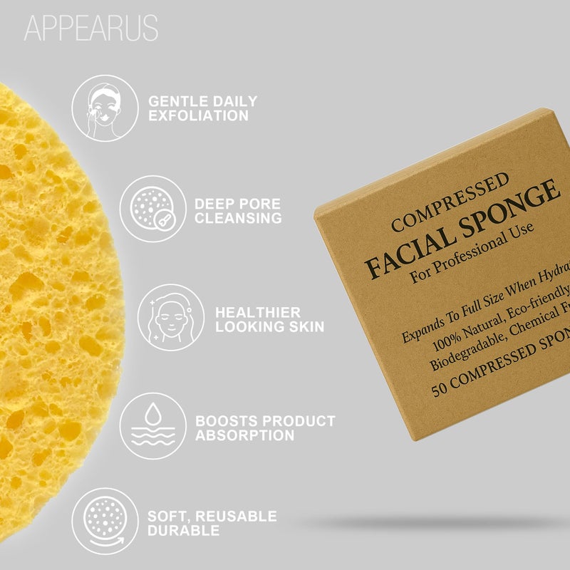Appearus Natural Cellulose Facial Sponges â€“ 50 Pack (Compressed) â€“ Professional Spa Facial Sponge Pads for Cleansing, Exfoliating, Makeup Removal â€“ Natural Yellow â€“ Gentle on Sensitive Skin - Image 3