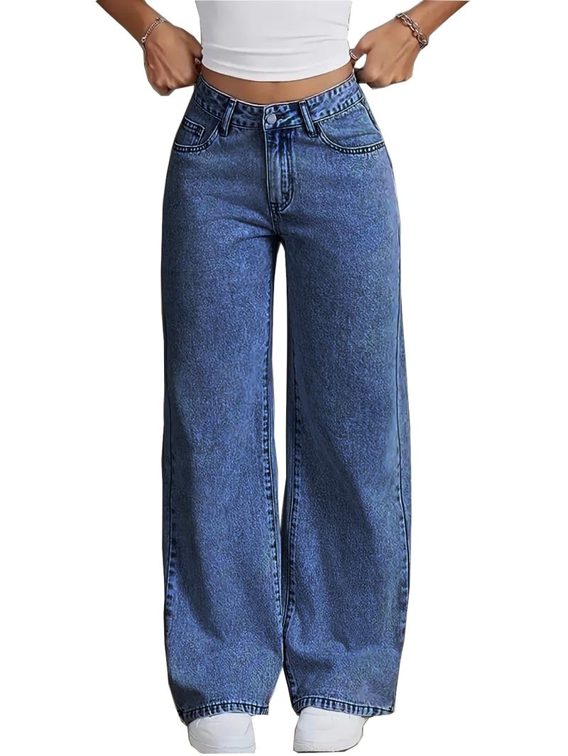Nifty Women's Denim Stretchable High Waist Medium Wash Baggy Jeans (1477_BTA_32_Blue_32) || Back Pocket Bow tie Detail - Image 1