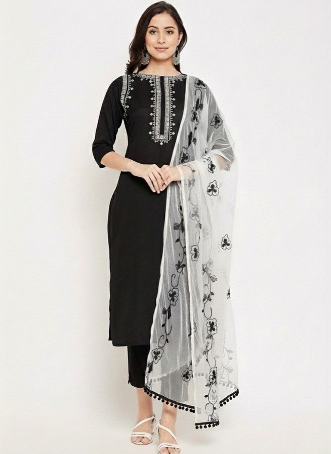 WineRed طقم كورتا قطن نقي مزين بزخارف عرقية سوداء مع بنطلون ودوباتا - Image 1