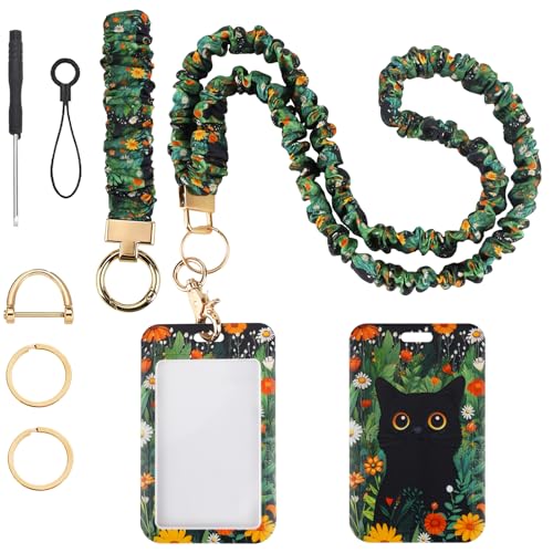 Nlicrst Scrunchie Lanyard Breakaway with ID Badge Holder - Cute Cat Style Stretchy Lanyards with ID Badges Wristlet Keychain Key Rings Set for Birthday, Women Teachers Nurse Students Gifts - Image 1