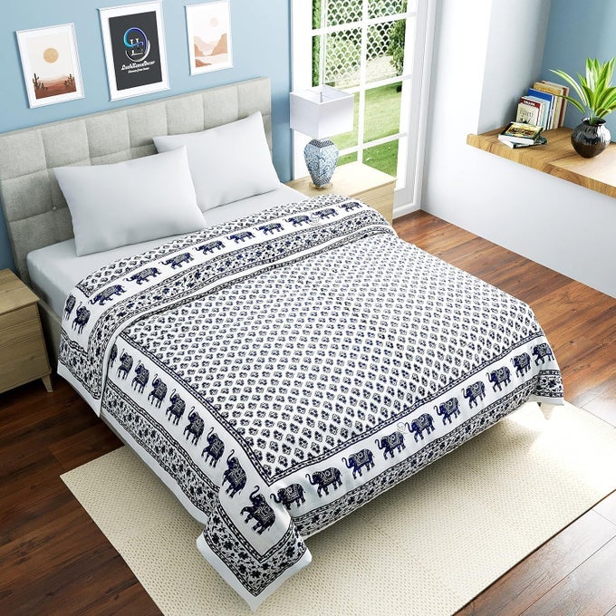 CRAFT 210 TC DOUBLE BED JAIPURI RAZAI PURE COTTON JAIPURI RAJAI AC QUILT SOFT LIGHT WEIGHT TRADITIONAL ELEPHANT PRINT COMFORTER 85 X 100 INCH BLUE PACK OF 1