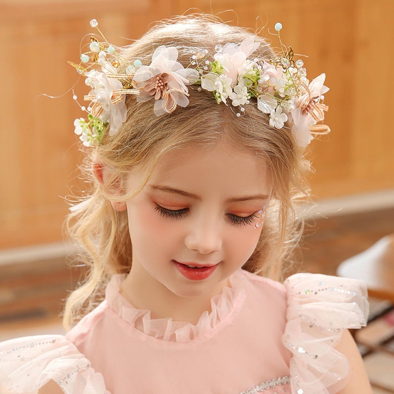 Ever Fairy Princess Flower Crystal Headpiece Girls Rhinestone Pearl Headband Women Wedding Floral Hairband Bridal Hair Accessories Photography for Girls and Women (Pink B) - Image 1