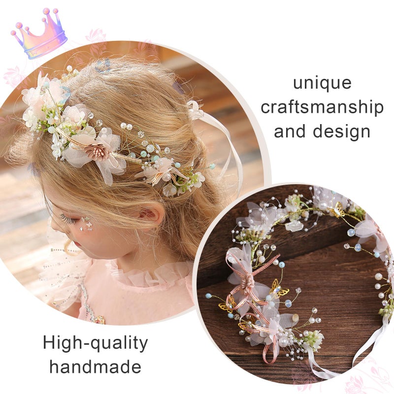 Ever Fairy Princess Flower Crystal Headpiece Girls Rhinestone Pearl Headband Women Wedding Floral Hairband Bridal Hair Accessories Photography for Girls and Women (Pink B) - Image 4