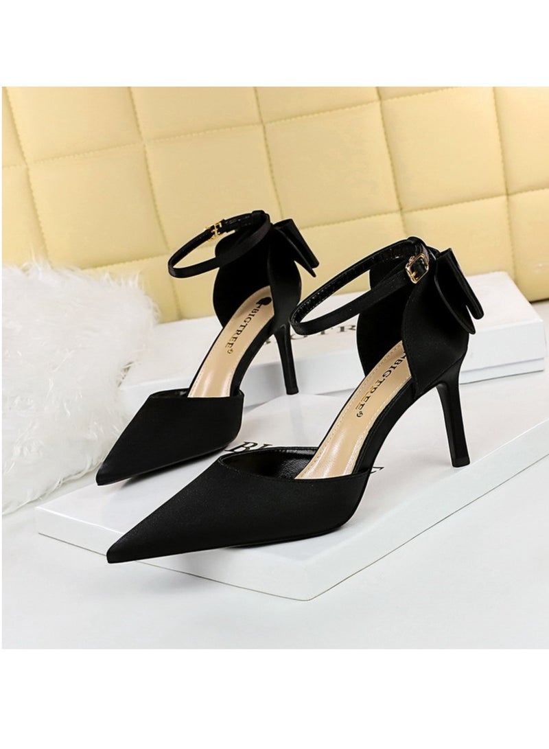 بيج تري Sweet Women Shoes Stiletto Heels High Hels Shallow Cut Pointed Shoes Satin Bow line High Heel Sandals 8cm - Image 1