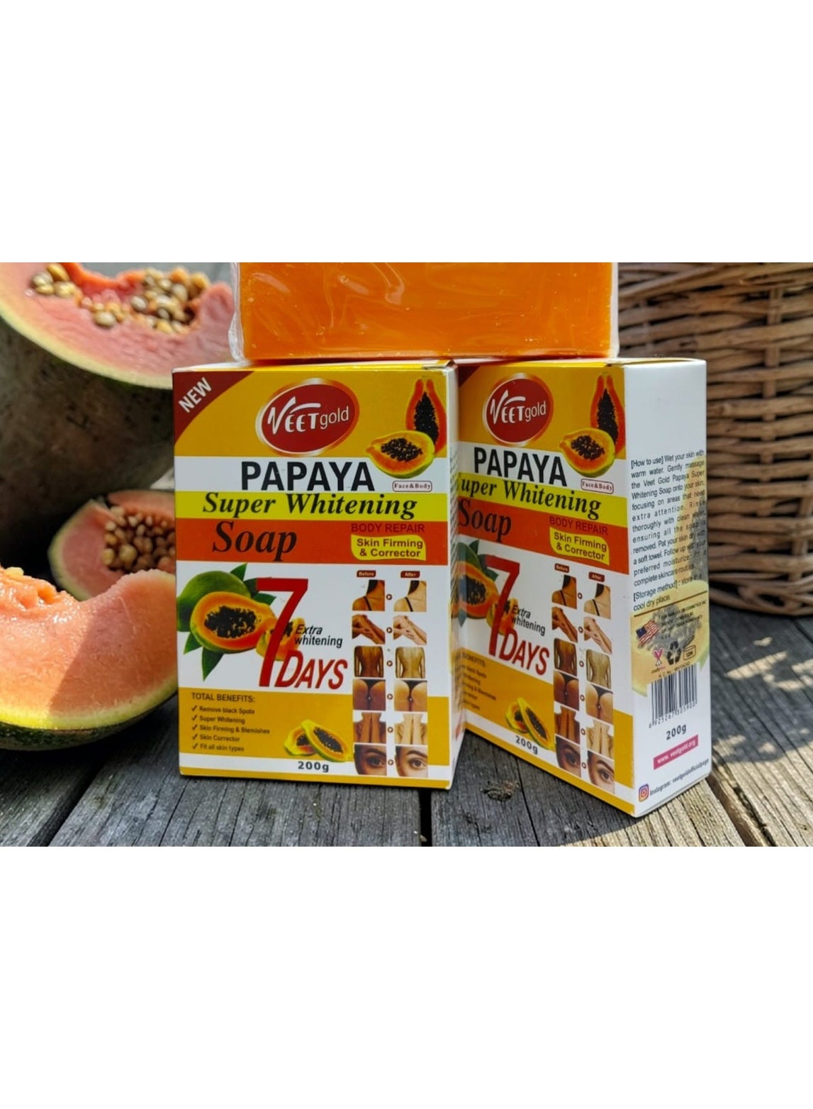 Veet Gold Papaya Super Whitening Soap COMBO PACK - Hydrating, Smooth & Soft Skin Cleansing Bar for Face & Body 200g each