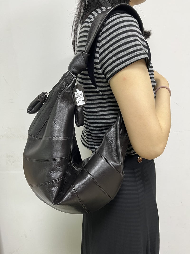 Croissant French Sheepskin Croissant Genuine Leather Dumpling Bag Shoulder Crossbody Handbag for Women Dark chocolate-sheepskin 43*6*25cm
