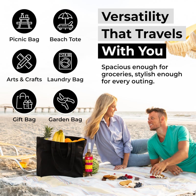 VeraMia Black Canvas Grocery Bag 3pc Jumbo Set with Real Pockets, Long Shoulder Strap and Short Handle. Reusable Shopping Bags for Groceries Heavy Duty, Foldable, Washable, Black Grocery Tote Bag - Image 5