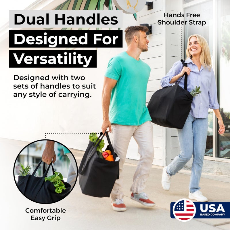 VeraMia Black Canvas Grocery Bag 3pc Jumbo Set with Real Pockets, Long Shoulder Strap and Short Handle. Reusable Shopping Bags for Groceries Heavy Duty, Foldable, Washable, Black Grocery Tote Bag - Image 3