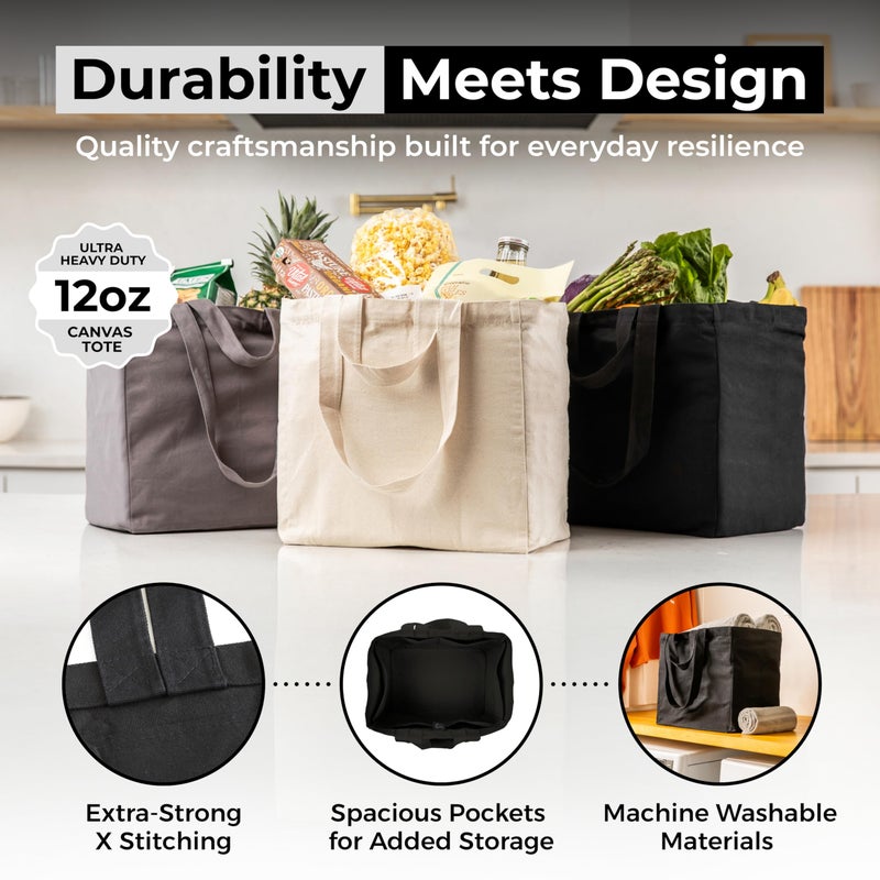 VeraMia Black Canvas Grocery Bag 3pc Jumbo Set with Real Pockets, Long Shoulder Strap and Short Handle. Reusable Shopping Bags for Groceries Heavy Duty, Foldable, Washable, Black Grocery Tote Bag - Image 4