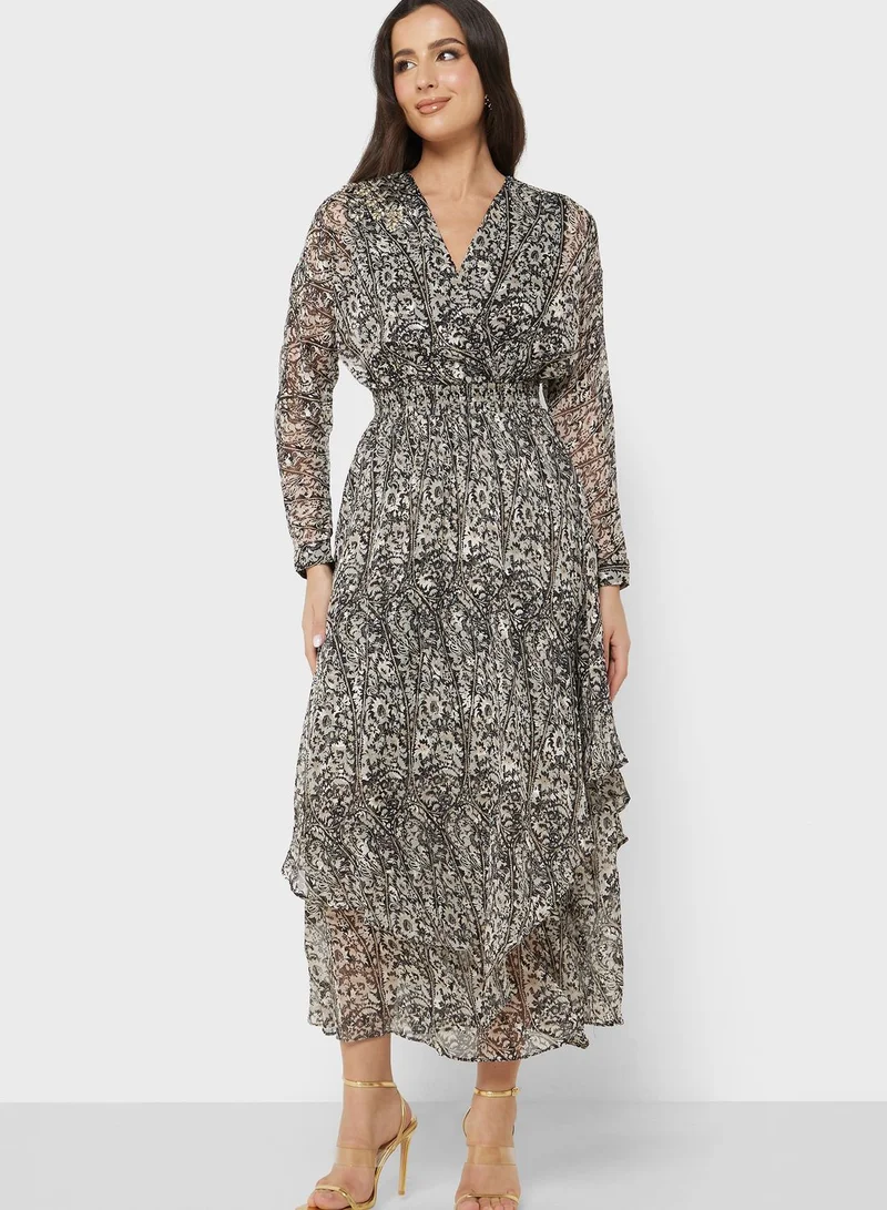 Femi9 Ruched Waist Printed Tiered Dress