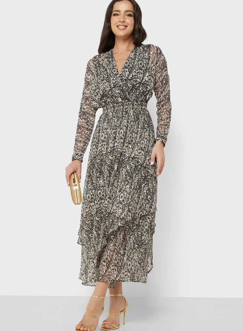 Femi9 Ruched Waist Printed Tiered Dress
