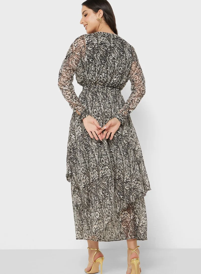 Femi9 Ruched Waist Printed Tiered Dress