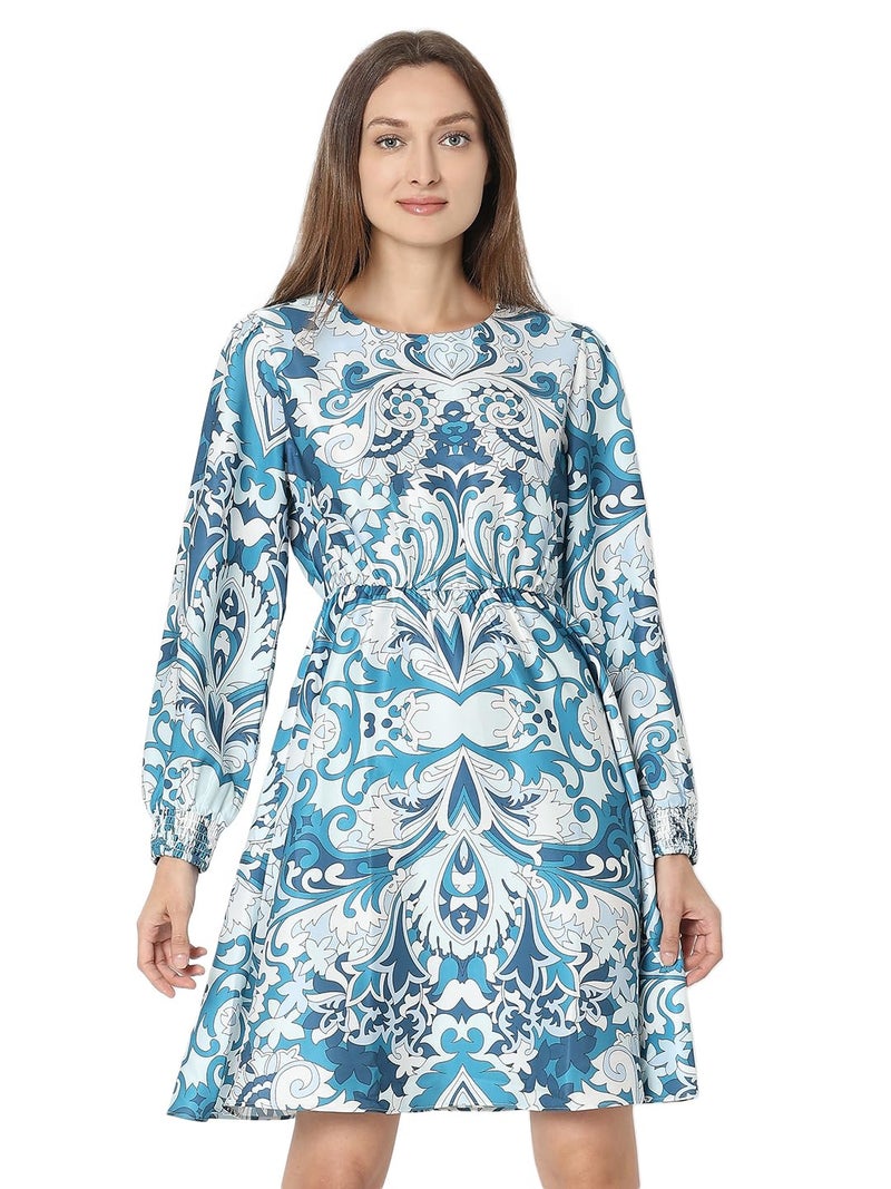 VERO MODA Women Ethnic Motifs Print Blue Polyester Above Knee Length A-Line Dress - Image 1