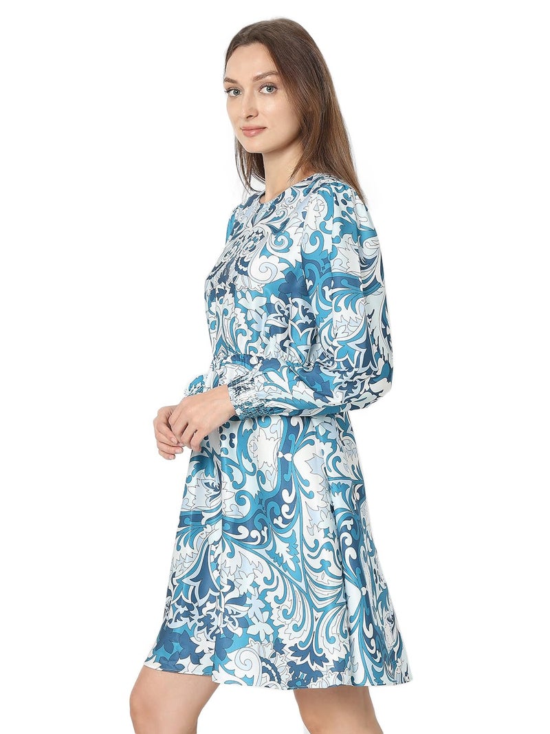 VERO MODA Women Ethnic Motifs Print Blue Polyester Above Knee Length A-Line Dress - Image 3