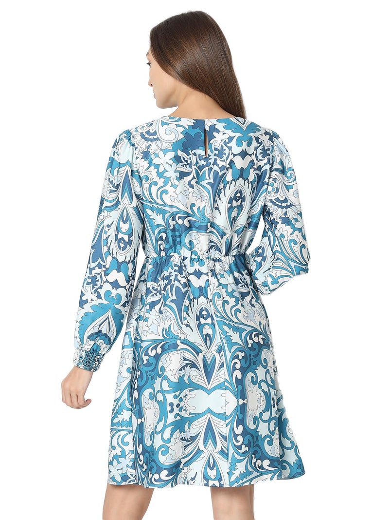 VERO MODA Women Ethnic Motifs Print Blue Polyester Above Knee Length A-Line Dress - Image 4