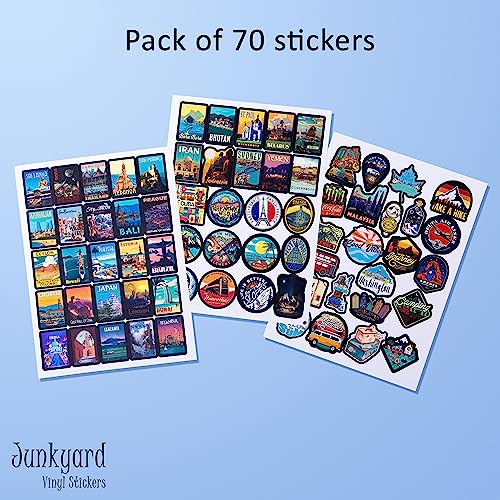 junkyard Waterproof Vinyl Travel Stickers for laptopS, tabs, Luggage, journals and Other Art n Craft Activities (Pack of 70), Self-Adhesive, 50 x 25 x 1 Millimeters - Image 4