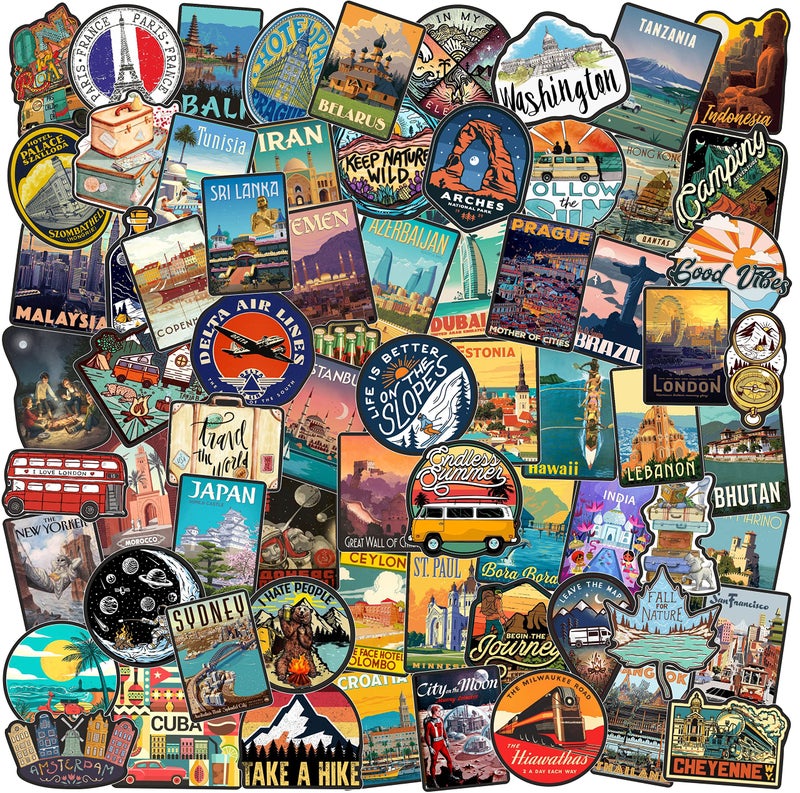junkyard Waterproof Vinyl Travel Stickers for laptopS, tabs, Luggage, journals and Other Art n Craft Activities (Pack of 70), Self-Adhesive, 50 x 25 x 1 Millimeters - Image 1