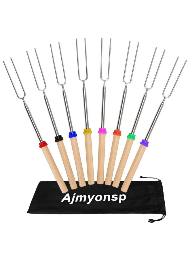 Ajmyonsp Marshmallow Roasting Sticks with Wooden Handle Extendable Forks Set of 8Pcs 32Inch Telescoping Smores Skewers for Campfire, Firepit, and Sausage BBQ - Image 1