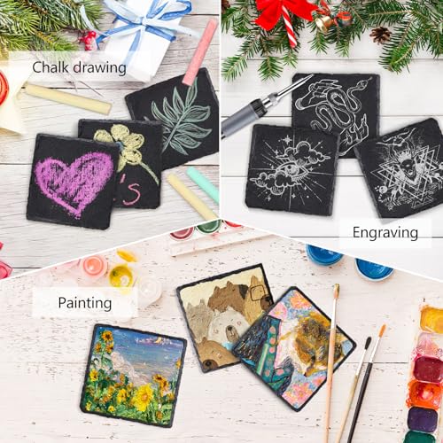 SIJDIEE 8 PCS Square Slate Drink Coasters Set, SIJDIEE 4 Inch Laser Engraving Black Slate Stone Coasters with Anti-Scratch Bottom and Coaster Holder for Office Bar Kitchen Home Dinner Table Decor Supplies - Image 5