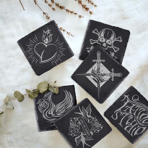SIJDIEE 8 PCS Square Slate Drink Coasters Set, SIJDIEE 4 Inch Laser Engraving Black Slate Stone Coasters with Anti-Scratch Bottom and Coaster Holder for Office Bar Kitchen Home Dinner Table Decor Supplies - Image 4