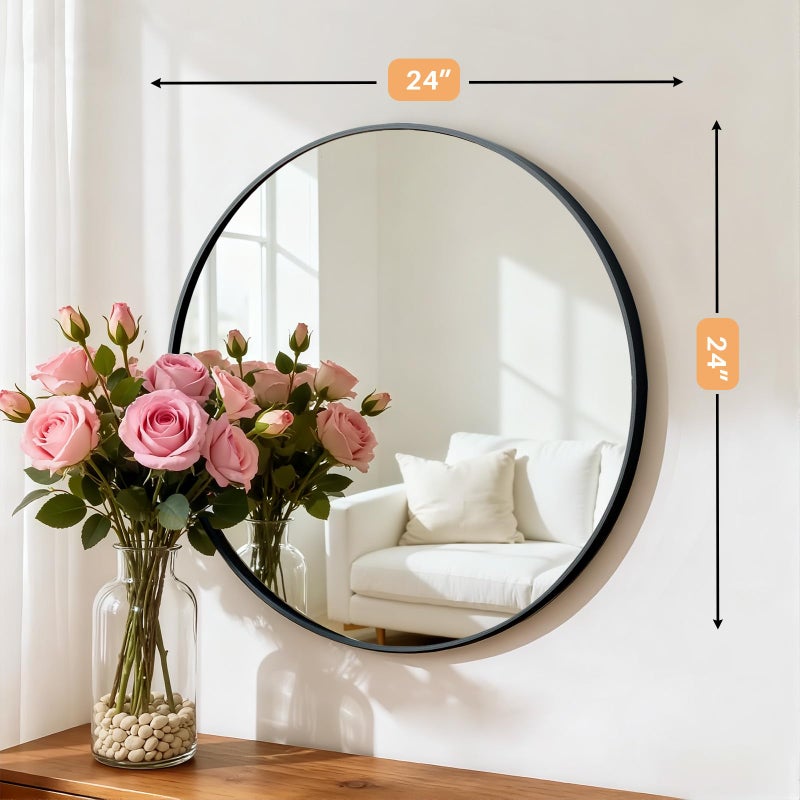 Atilioo Bathroom Mirror for Wall, 24 Inch Round Mirror, Matte Black Metal Framed Circle Vanity Mirror for Bathroom Bedroom Living Room Entryway, Anti-Rust, Tempered Glass, Hanging or Leaning - Image 3