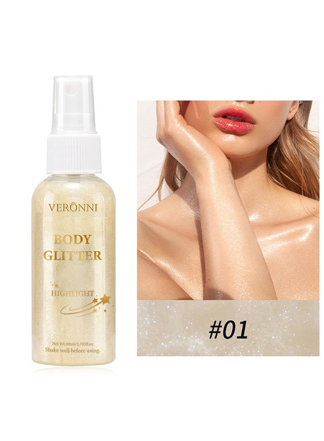 VERONNI Body Glitter Highlight, Glitter Body Oil, Moisturizing Lightweight Glitter Glow Illuminator, Non-stick Body Glow Liquid Highlighter Makeup Your Skin, Smooth Liquid Spray Summer Body Illuminator (#01 Pearl White)  - Image 1