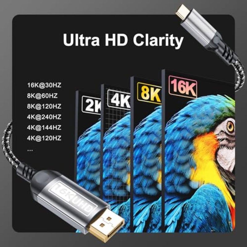USB-C to DisplayPort 2.1 Cable for 16K Ultra HD Video 80Gbps High Speed Thunderbolt 5 4 3 Compatible with MacBook Pro Air for iPhone 17 Pro Max for iPad Pro and Dell XPS 2 Meters - Image 5