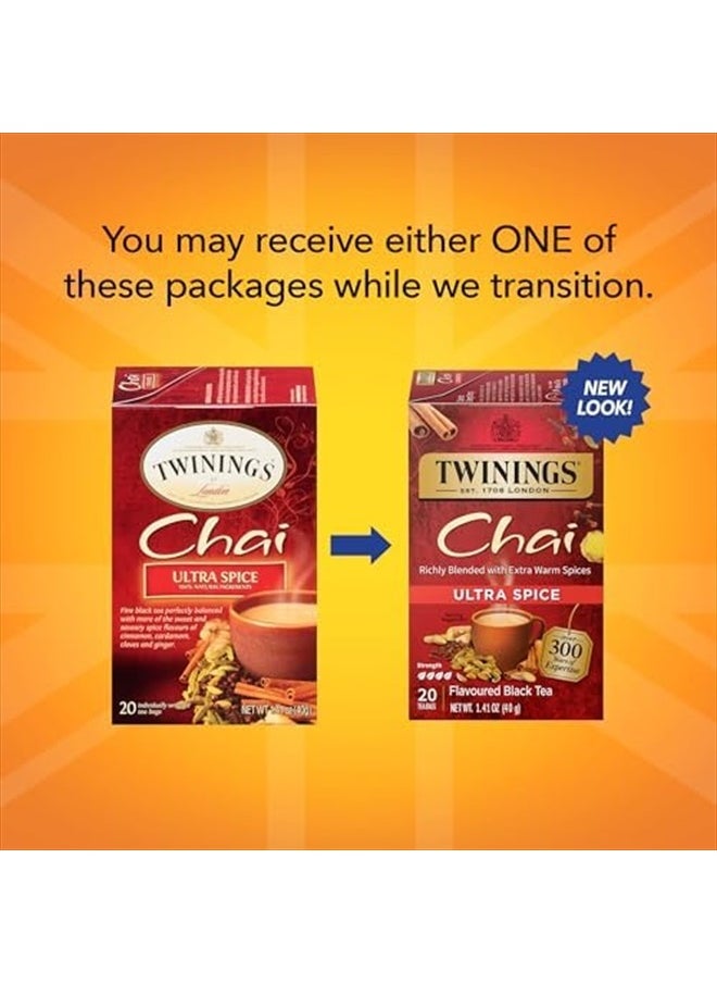 Twinings Ultra Spice Chai Individually Wrapped Bags, 20 Count (Pack of 6), Sweet, Savoury Spices, Caffeinated, Enjoy Hot or Iced  - Image 2