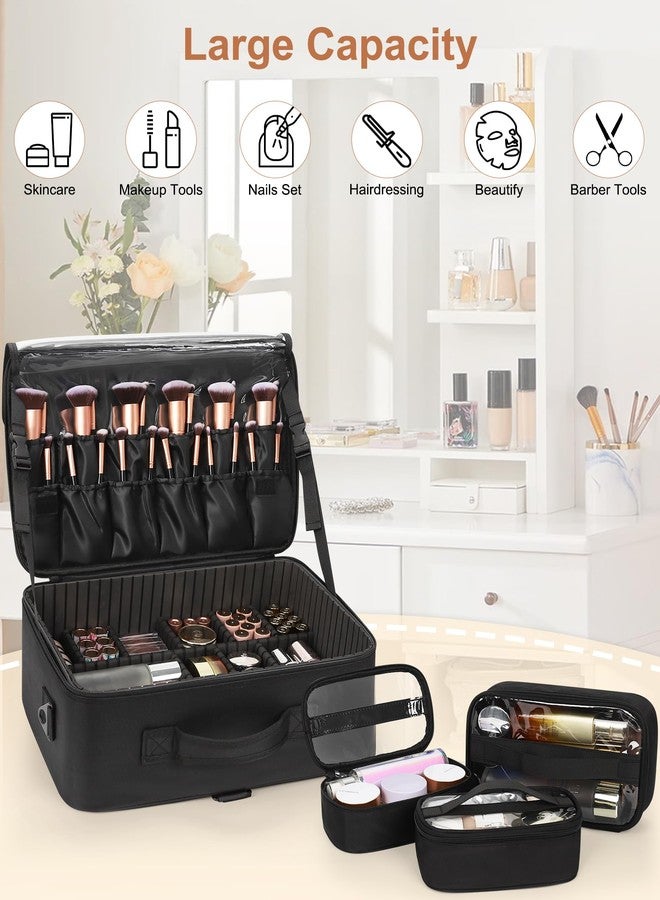Relavel Large Makeup Bag with 3 Removable Pouches, Travel Train Case Cosmetic Organizer Carrying Box for Makeup Artists Hairstylist with Adjustable Dividers, Brush Holder and Shoulder Strap, Black - Image 5