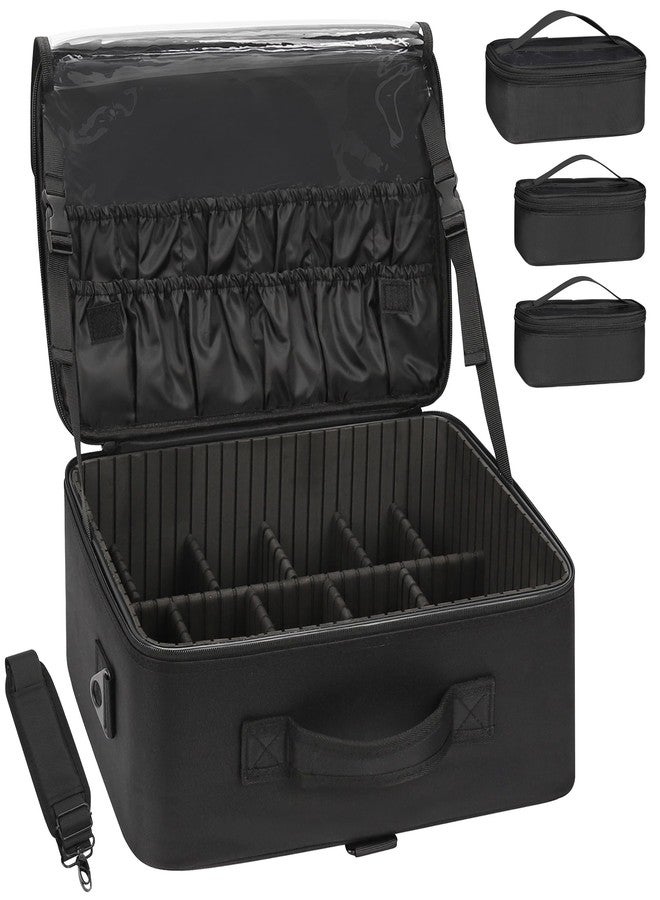 Relavel Large Makeup Bag with 3 Removable Pouches, Travel Train Case Cosmetic Organizer Carrying Box for Makeup Artists Hairstylist with Adjustable Dividers, Brush Holder and Shoulder Strap, Black - Image 1