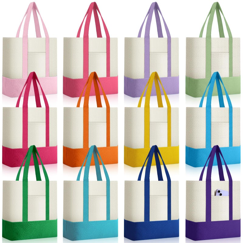 Sanwuta 12 Pcs Canvas Tote Bags Bulk with Outer Pocket Small Sublimation Blank Canvas Tote Reusable Grocery Bag for Women, DIY Craft (Vibrant) - Image 1