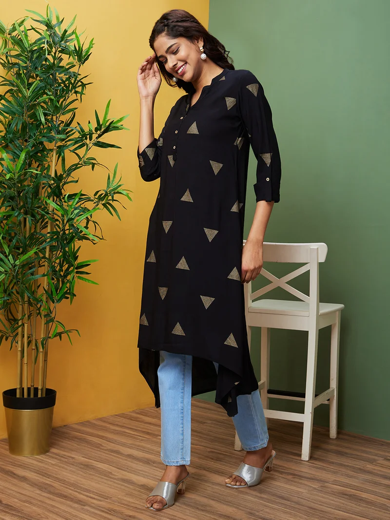 globus Women Black Geometric Printed Mandarin Collar High-Low A-Line Kurta