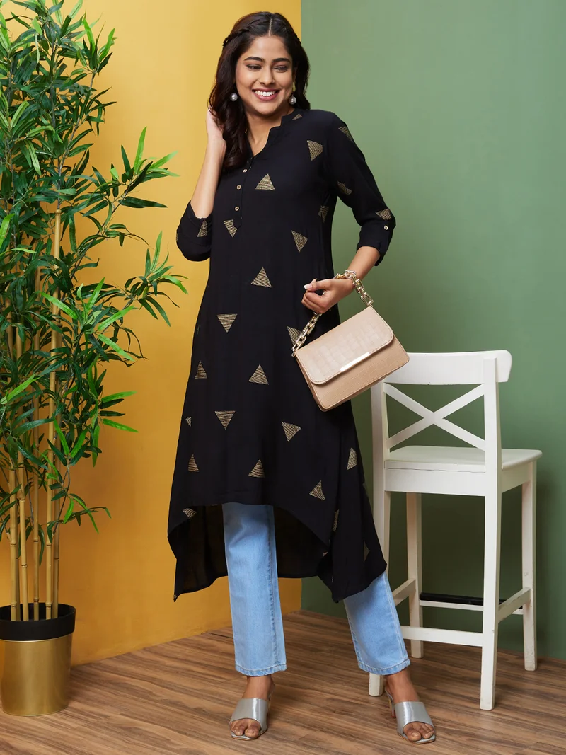 globus Women Black Geometric Printed Mandarin Collar High-Low A-Line Kurta