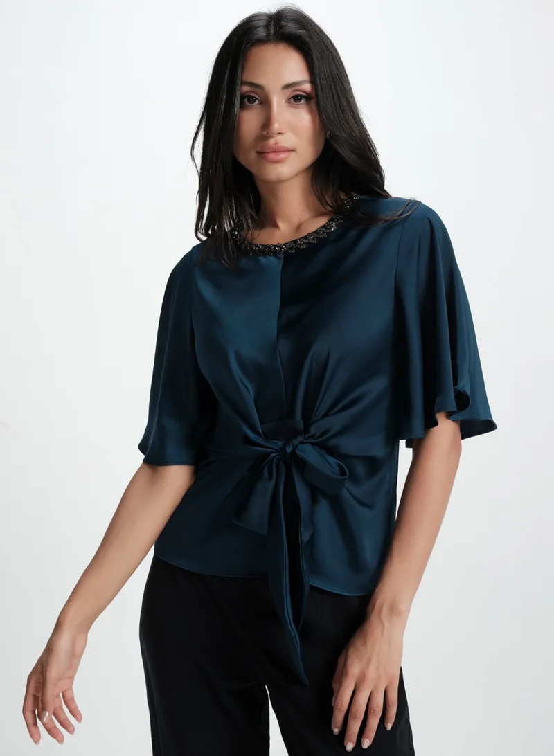 Zigzag Vneck Trim Attached Satin Top