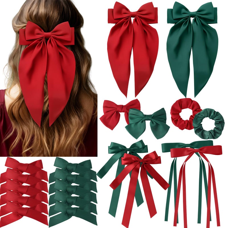 Yuxung 32 Pcs Red and Green Hair Bows Oversized Ribbon Barrettes with Scrunchies for Women Satin Long Tail Bowknot Hair Clips Bulk Coquette Accessories for Gifts - Image 2