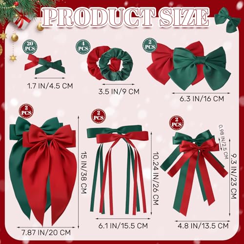 Yuxung 32 Pcs Red and Green Hair Bows Oversized Ribbon Barrettes with Scrunchies for Women Satin Long Tail Bowknot Hair Clips Bulk Coquette Accessories for Gifts - Image 3