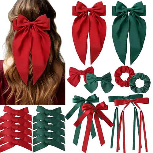 Yuxung 32 Pcs Red and Green Hair Bows Oversized Ribbon Barrettes with Scrunchies for Women Satin Long Tail Bowknot Hair Clips Bulk Coquette Accessories for Gifts - Image 1