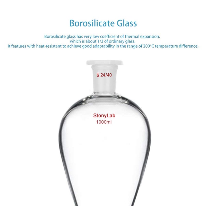 stonylab Borosilicate Glass 1000 ml Heavy Wall Conical Separatory Funnel with 24/40 Joints and PTFE Stopcock - Image 3