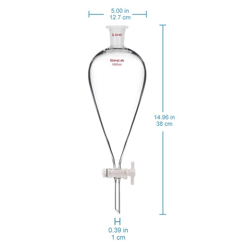 stonylab Borosilicate Glass 1000 ml Heavy Wall Conical Separatory Funnel with 24/40 Joints and PTFE Stopcock - Image 2
