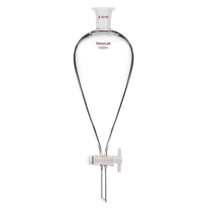 stonylab Borosilicate Glass 1000 ml Heavy Wall Conical Separatory Funnel with 24/40 Joints and PTFE Stopcock - Image 1