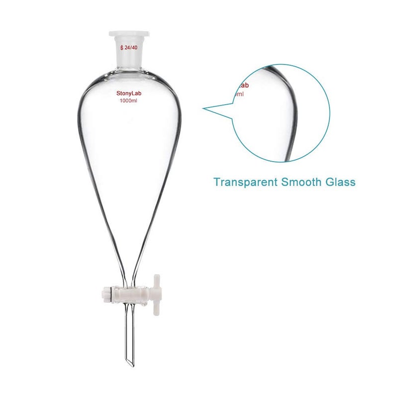 stonylab Borosilicate Glass 1000 ml Heavy Wall Conical Separatory Funnel with 24/40 Joints and PTFE Stopcock - Image 4