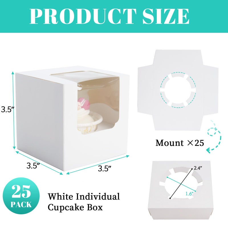 NPLUX 25 Pcs Cupcake Boxes Individual Cupcake Containers Pre-Assembled Single Cupcake Boxes 3.5"x3.5"x3.5" with 25 Pcs Inserts for Cupcakes Muffins Party Favors(White) - Image 3