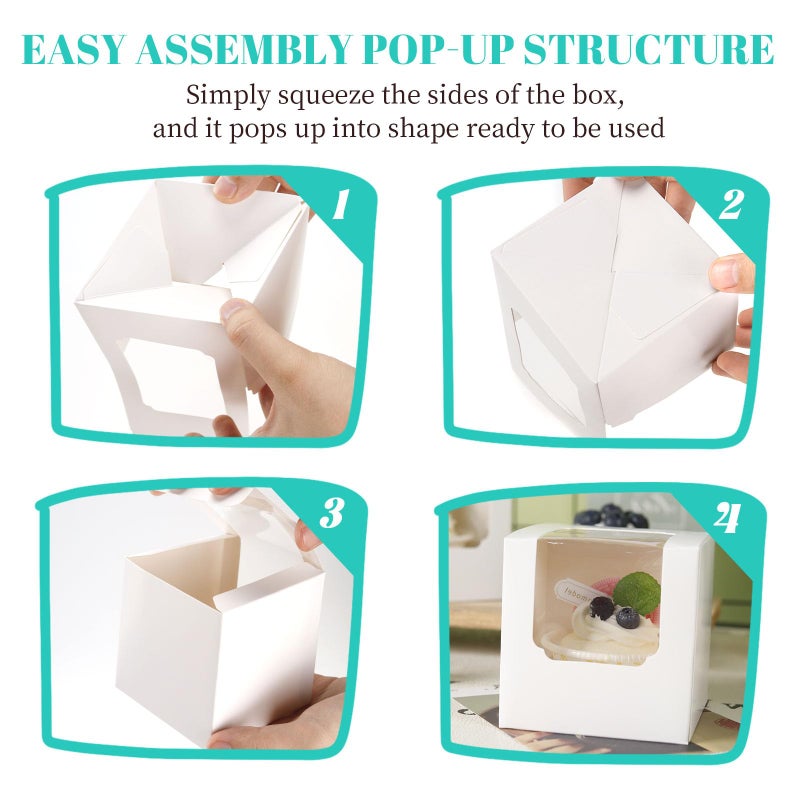 NPLUX 25 Pcs Cupcake Boxes Individual Cupcake Containers Pre-Assembled Single Cupcake Boxes 3.5"x3.5"x3.5" with 25 Pcs Inserts for Cupcakes Muffins Party Favors(White) - Image 5