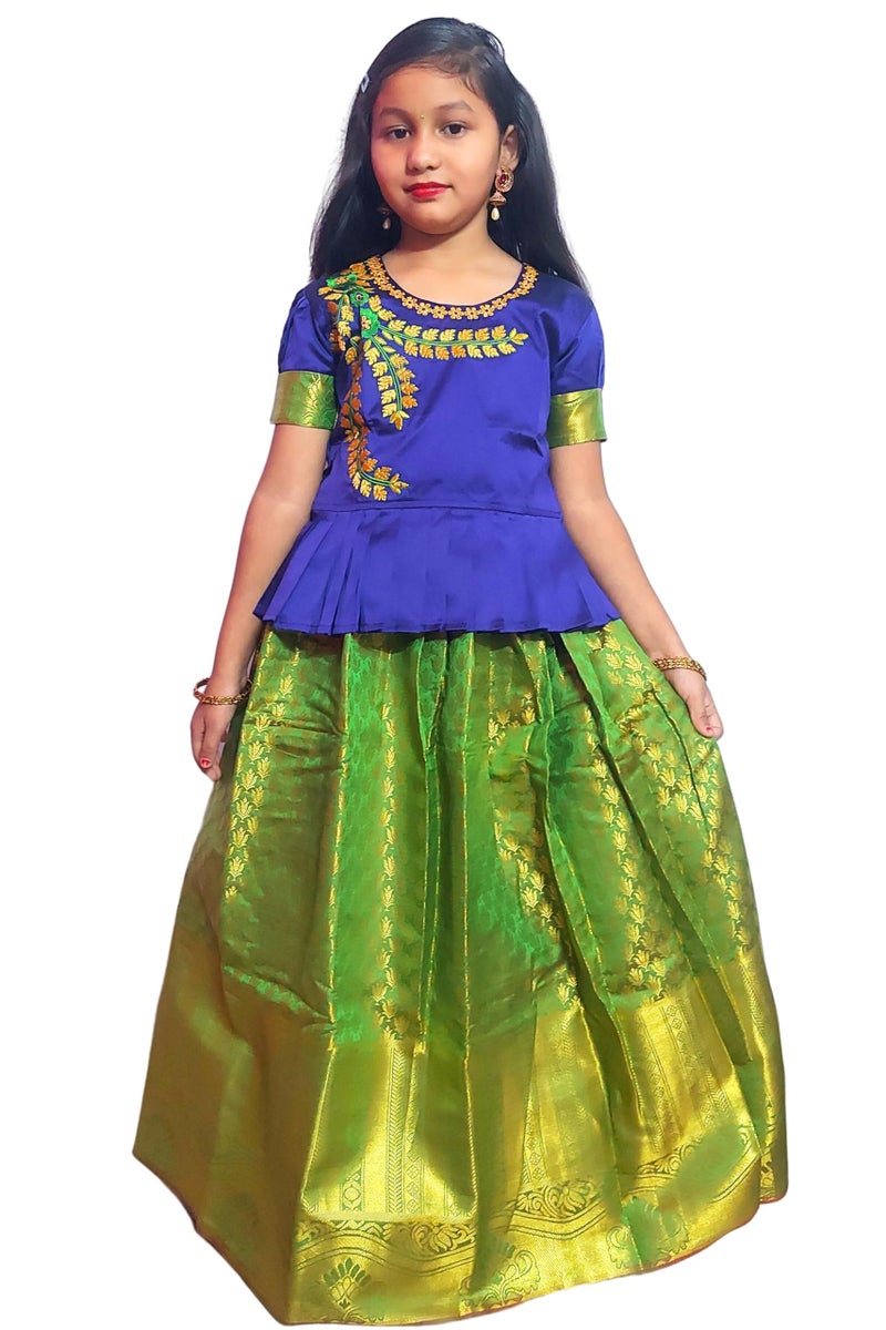 TotzTouch Jacquard Silk Kids Girls Pattu Pavadai|Readymade Lehenga Choli Set South Indian Traditional Wide Zari Border Embroidered Jacquard Weave Ethnic Wear Red,Pink,Violet,Blue,Green,8-9 Years - Image 3