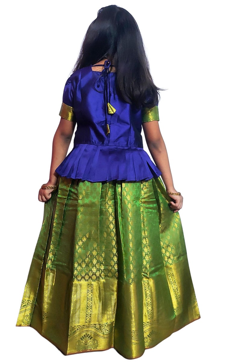 TotzTouch Jacquard Silk Kids Girls Pattu Pavadai|Readymade Lehenga Choli Set South Indian Traditional Wide Zari Border Embroidered Jacquard Weave Ethnic Wear Red,Pink,Violet,Blue,Green,8-9 Years - Image 2